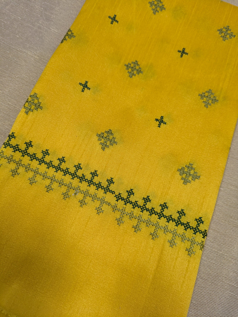 bright yellow kutchwork blouse with diamond embroidery front neckline view