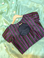 Load image into Gallery viewer, village motif embroidery close-up on black kasuti stitched blouse
