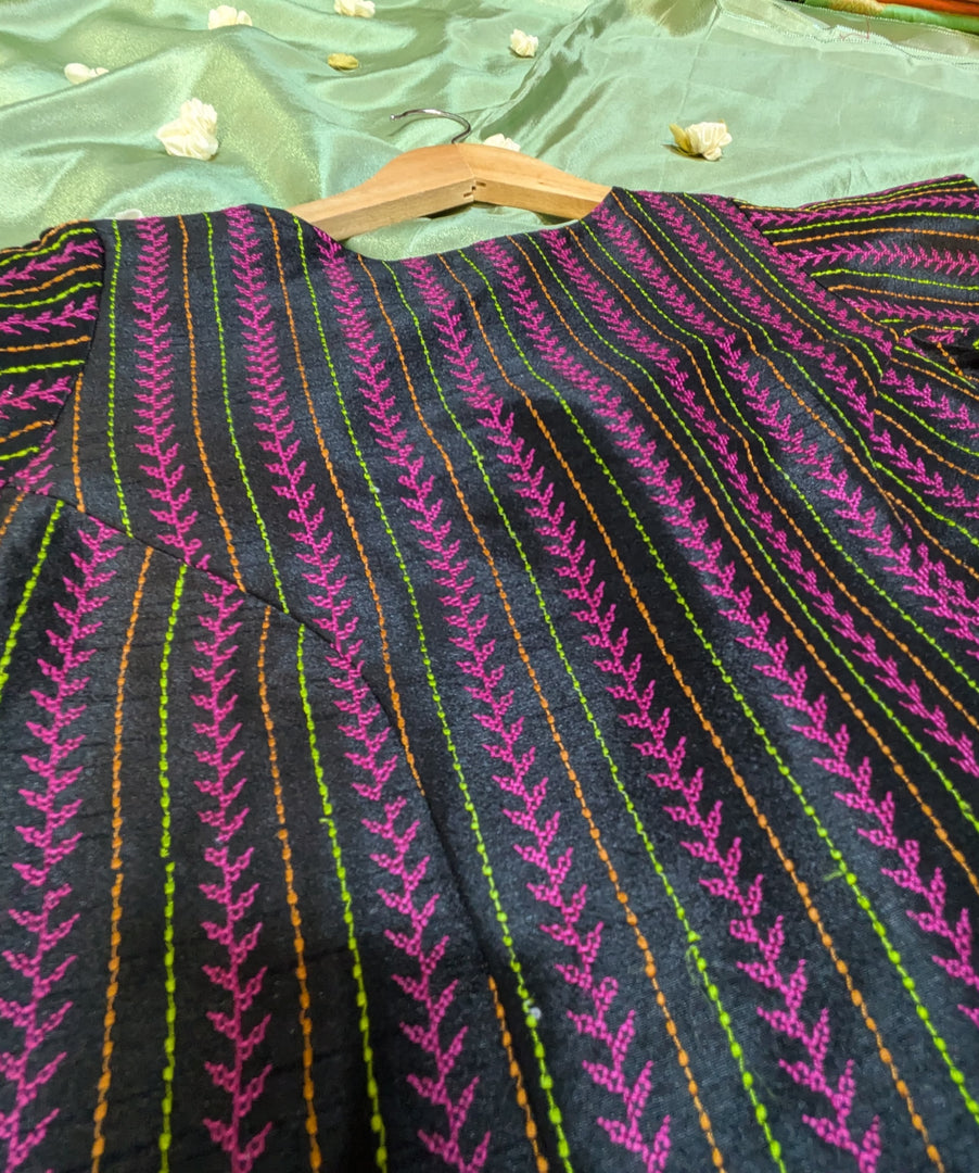 back tie detail of black village kasuti stitched blouse with embroidery