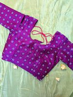 Load image into Gallery viewer, embroidered neckline close-up of purple chaya kasuti stitched blouse
