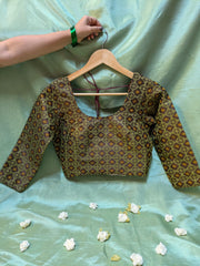 coffee kasuti stitched blouse featuring chaya embroidery patterns front view