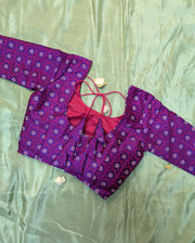 purple kasuti stitched blouse with chaya embroidery motifs front neckline view