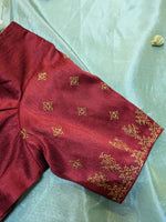 Load image into Gallery viewer, sleeve embroidery detail of maroon peacock kasuti stitched blouse
