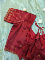 Load image into Gallery viewer, maroon kasuti stitched blouse featuring peacock motif embroidery front view
