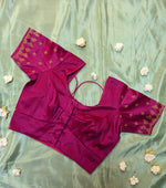 Load image into Gallery viewer, side view of pink peacock kasuti stitched blouse with embroidered neckline
