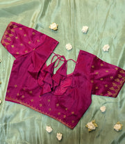 embroidery close-up of pink peacock kasuti stitched blouse neckline