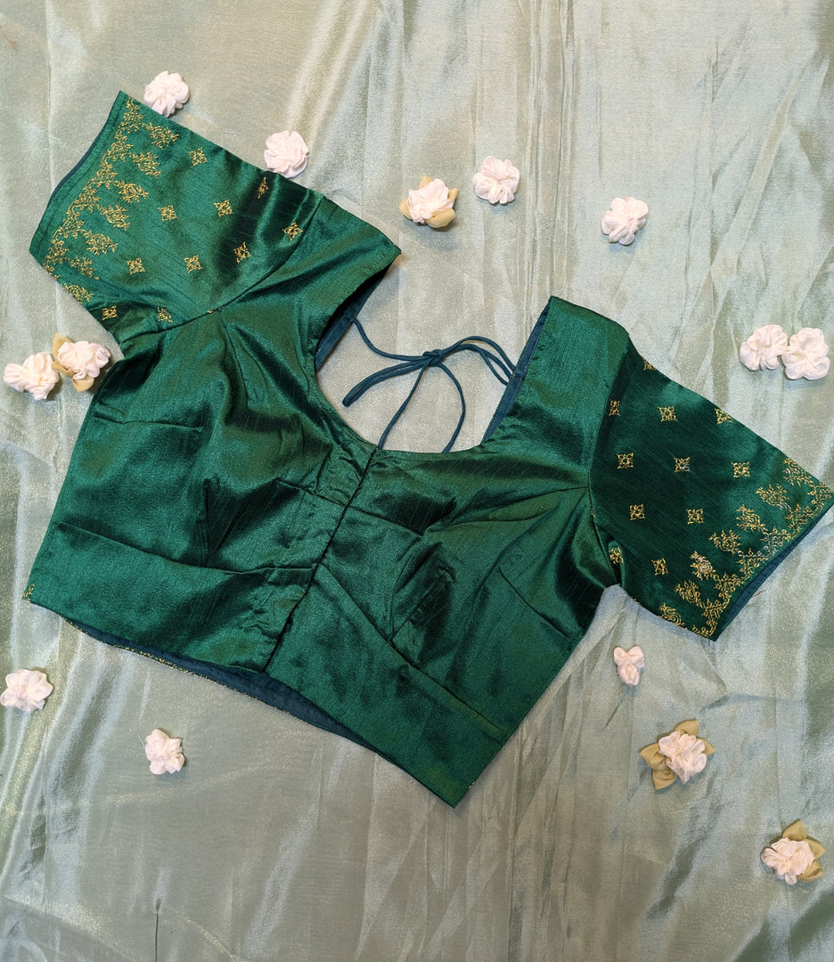 embroidery close-up of green zari peacock kasuti readymade blouse