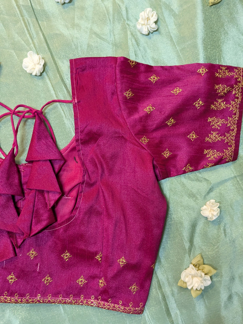 pink kasuti stitched blouse decorated with peacock motif embroidery front view