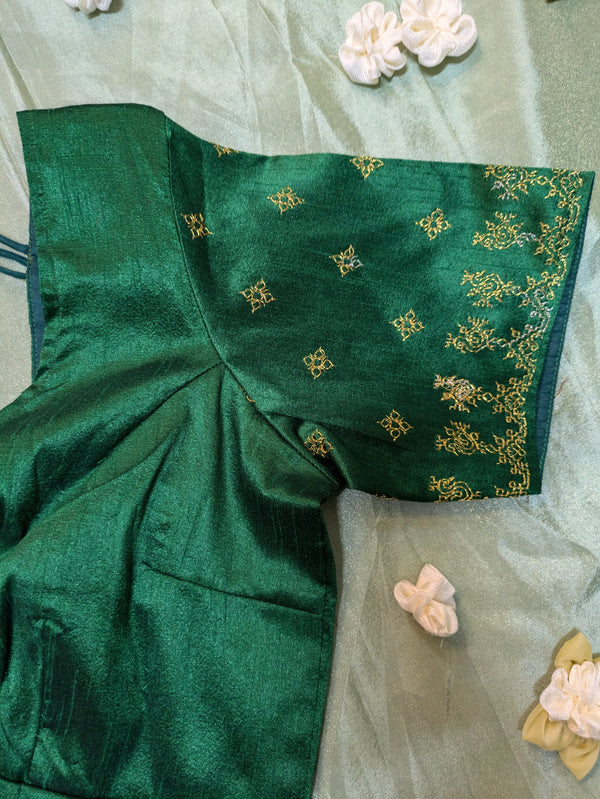 green zari kasuti readymade blouse featuring peacock motif embroidery front view