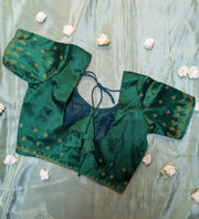 sleeve embroidery detail on green zari peacock kasuti readymade blouse
