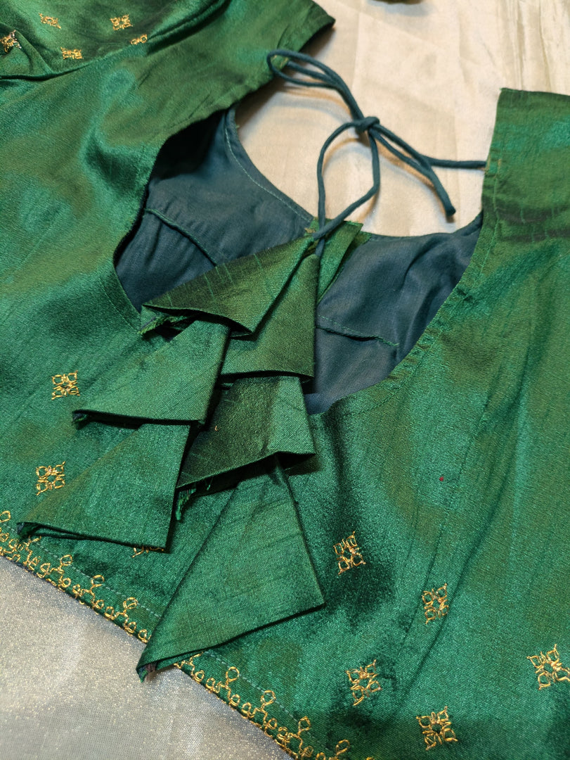 back view of green zari peacock kasuti readymade blouse with embroidery