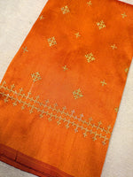Load image into Gallery viewer, orange kutchwork blouse with diamond embroidery patterns front neckline view
