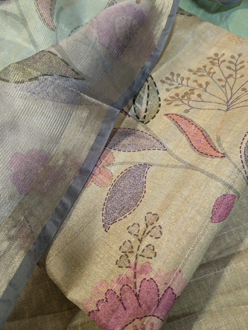 beige sharvari kurta full set showing kurta, pants and dupatta displayed
