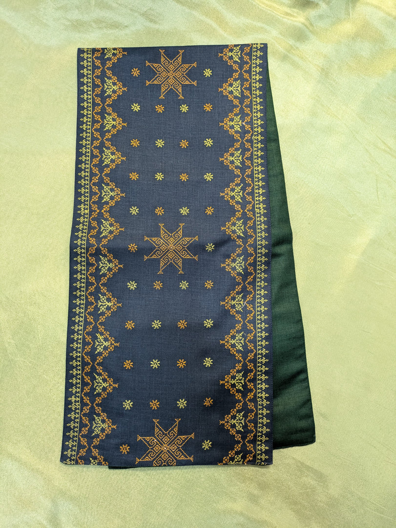 navy blue table runner with plain woven fabric and stitched edges