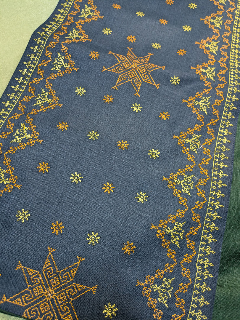navy blue table runner showing smooth weave and neat stitching