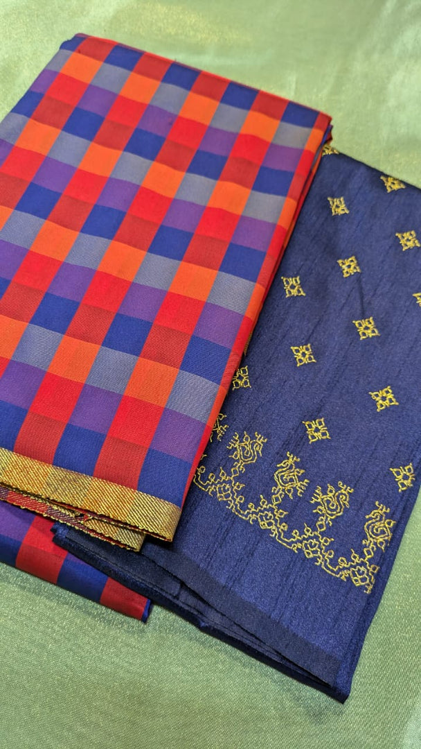 red navy rekha checks combo saree set with blouse fabric close-up