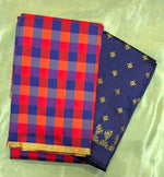 Load image into Gallery viewer, red and navy rekha checks saree combo with designer blouse front view
