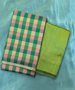 Load image into Gallery viewer, green peach rekha checks saree combo set with designer blouse
