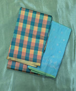 Load image into Gallery viewer, blue peach rekha checks combo with contrasting designer blouse fabric

