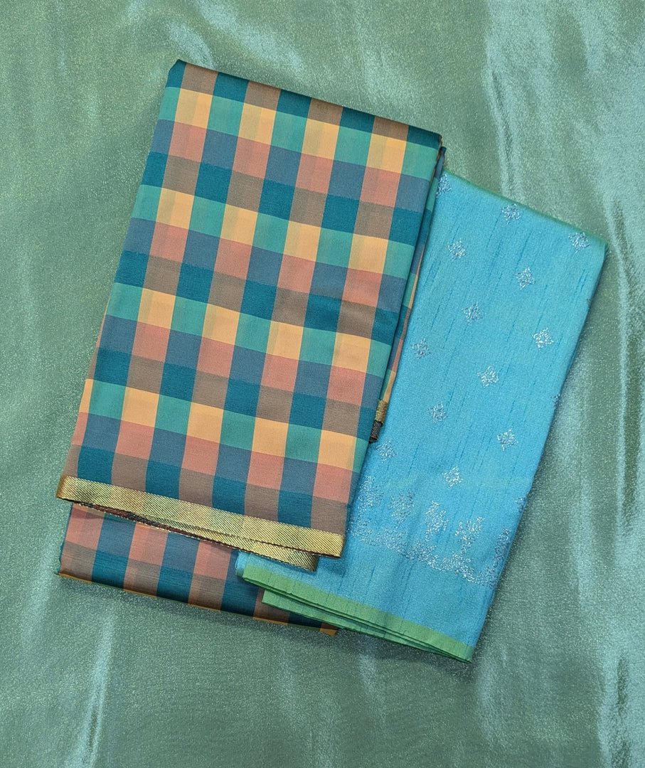 blue peach rekha checks combo with contrasting designer blouse fabric