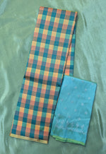 Load image into Gallery viewer, blue peach rekha checks saree combo with blouse piece folded view
