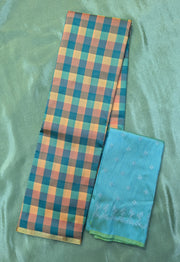 blue peach rekha checks saree combo with blouse piece folded view