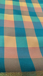 Load image into Gallery viewer, blue peach rekha checks saree combo highlighting fabric checks design
