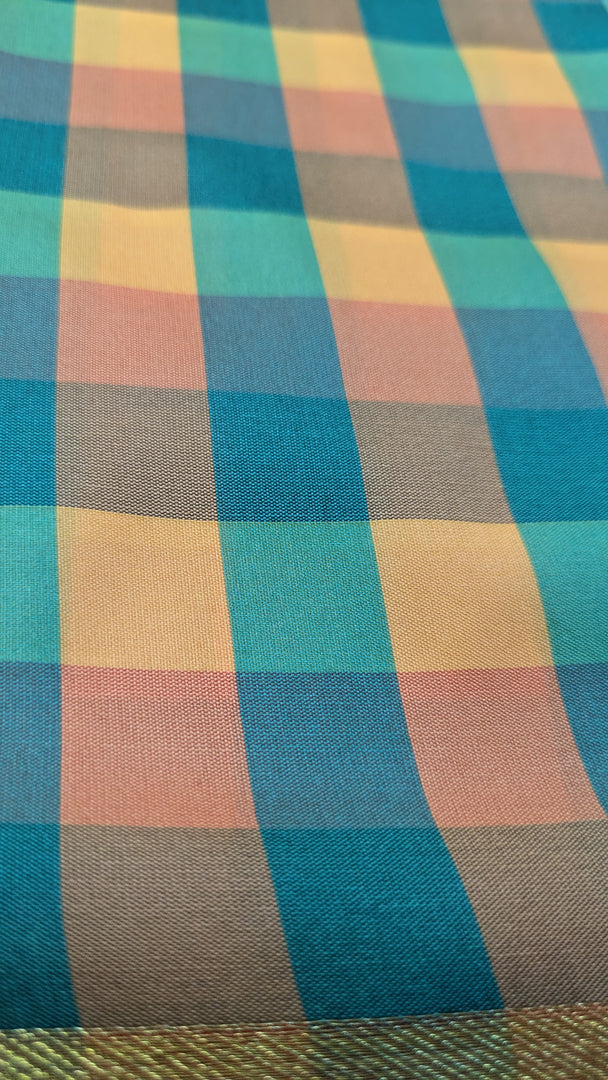 blue peach rekha checks saree combo highlighting fabric checks design