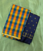 Load image into Gallery viewer, navy orange rekha checks saree combo with blouse fabric displayed
