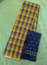 Load image into Gallery viewer, navy orange rekha checks saree combo with blouse fabric close-up
