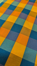 Load image into Gallery viewer, blue mustard rekha checks saree combo with blouse fabric close-up
