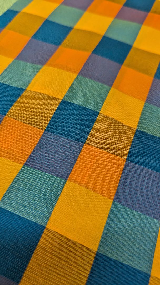 blue mustard rekha checks saree combo with blouse fabric close-up