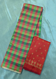 green mustard rekha checks saree combo with matching blouse detail