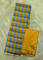 Load image into Gallery viewer, blue mustard rekha checks saree combo showing saree fabric and blouse
