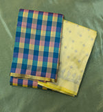 Load image into Gallery viewer, sky blue rekha gold checks saree combo with designer blouse fabric
