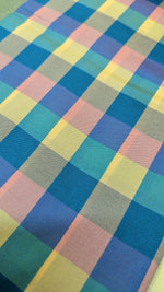 Load image into Gallery viewer, sky blue rekha gold checks combo highlighting fabric weave and blouse
