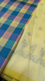 Load image into Gallery viewer, sky blue rekha gold checks saree combo with blouse fabric close-up

