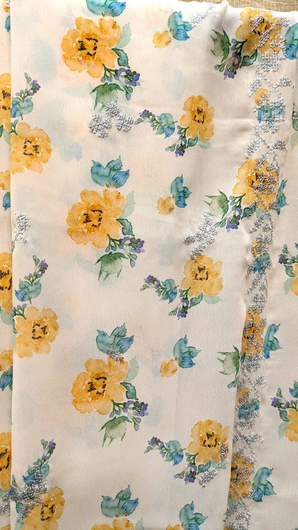 embroidered yellow rose printed periwinkle kasuti saree pallu detail