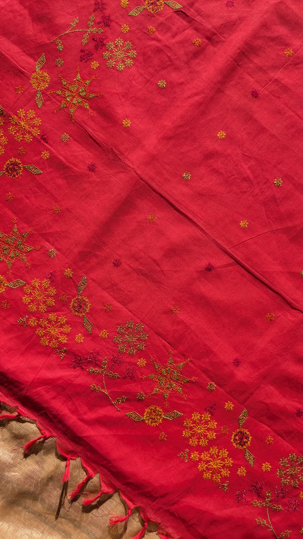 bloom kasuti cotton saree in red with embroidery flat-lay view