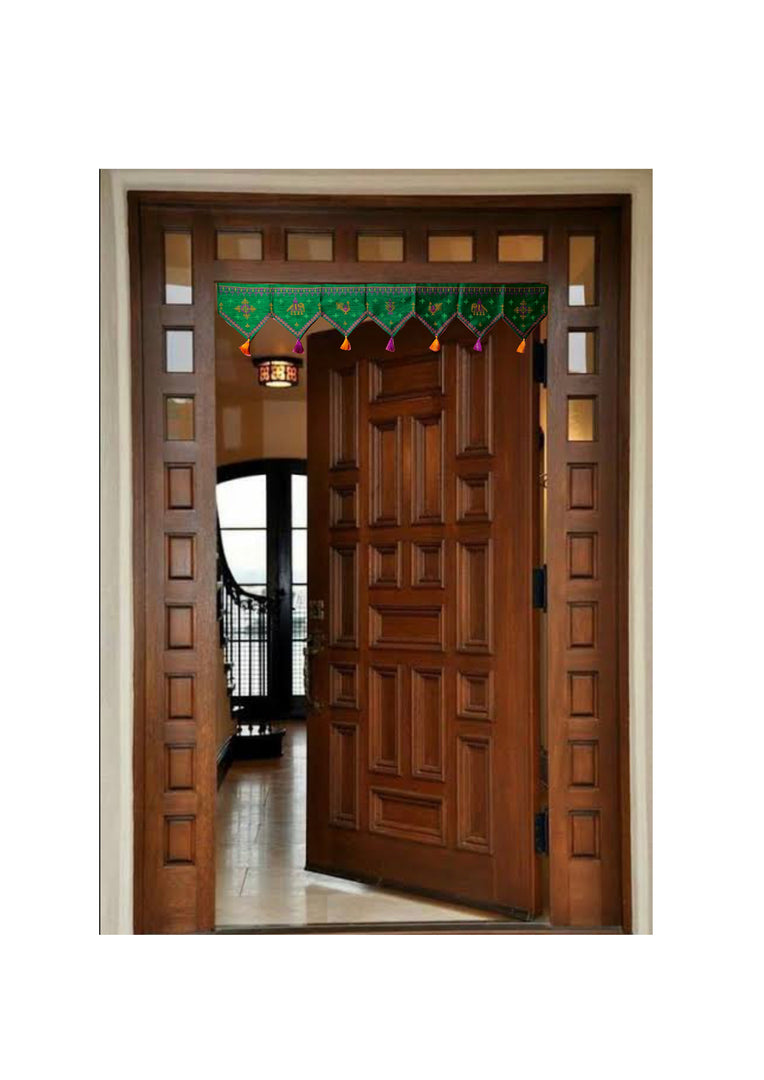 Green kasuti toran draped view with hanging embroidered motifs