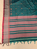 Load image into Gallery viewer, Green cotton saree highlighting aane kasuti motifs in close-up shot
