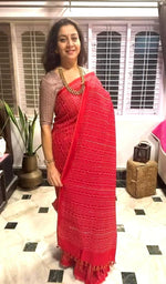 Load image into Gallery viewer, Full drape of red kasuti striped weave saree
